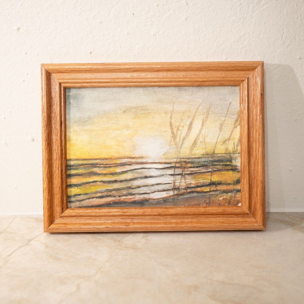 Vintage original Acrylic Sunrise Painting With A Wood Frame 5x7